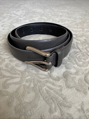 Women's Gray Leather Belt with Silver-Tone Double Prong Buckle